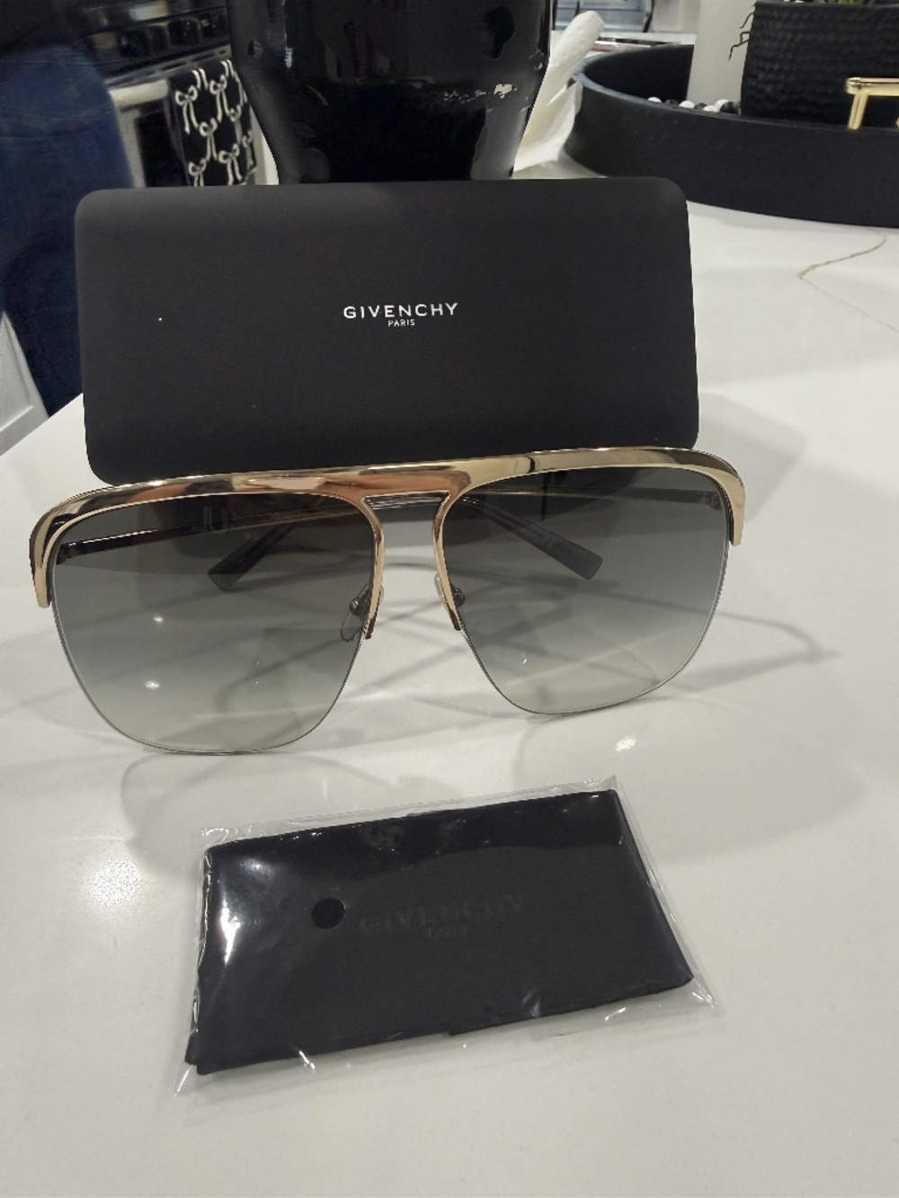 NWT 100% Authentic Givenchy 65 mm Square Sunglasses gold/gray